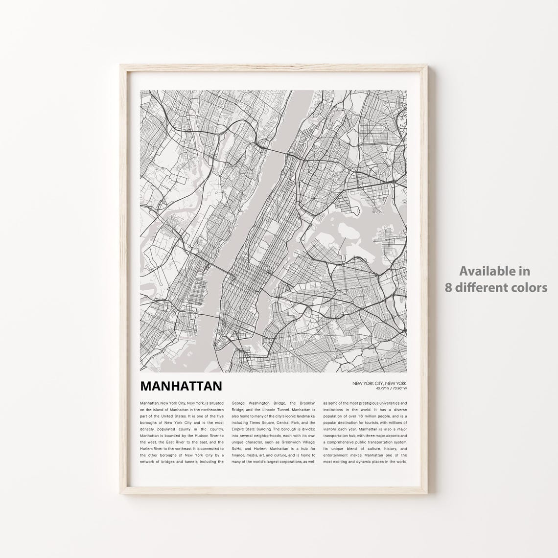 Manhattan Map Print Travel Wall Decor Art New York Housewarming Gift