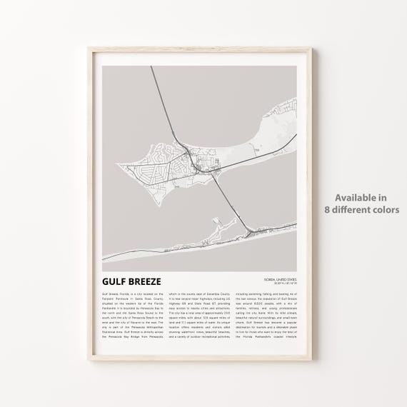 Gulf Breeze Map Print Travel Wall Decor Art Florida Housewarming Gift
