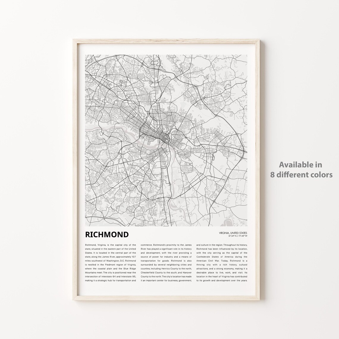 Richmond Virginia City Map Minimalist Black And White Travel Poster