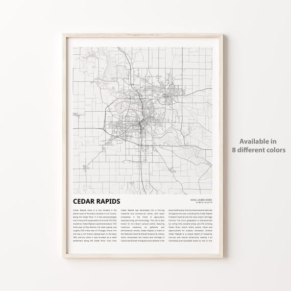 Cedar Rapids Map Print Travel Wall Decor Art Iowa Housewarming Gift