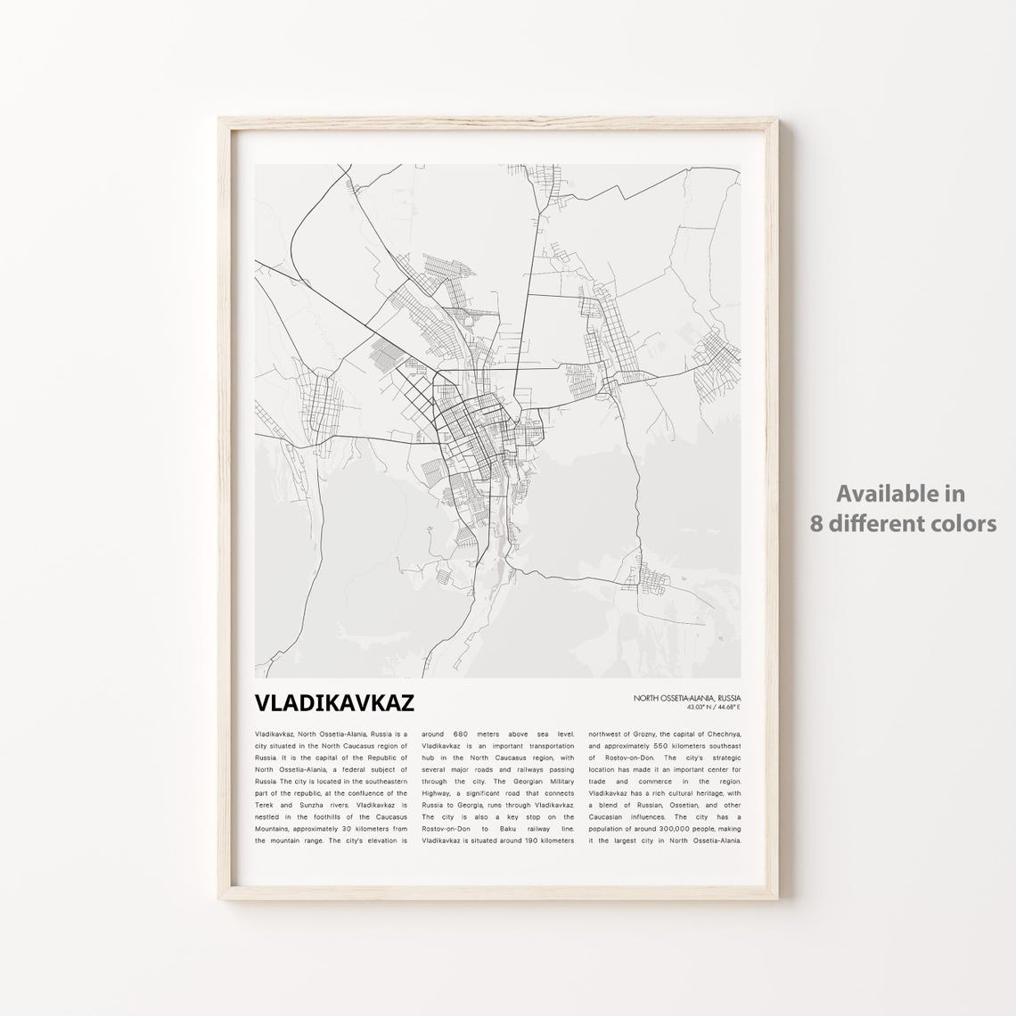 Vladikavkaz Russia Minimalist Street Map Monochrome Art Poster
