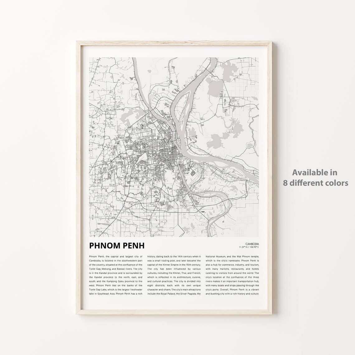Phnom Penh Cambodia Capital City Street Map Poster With City History