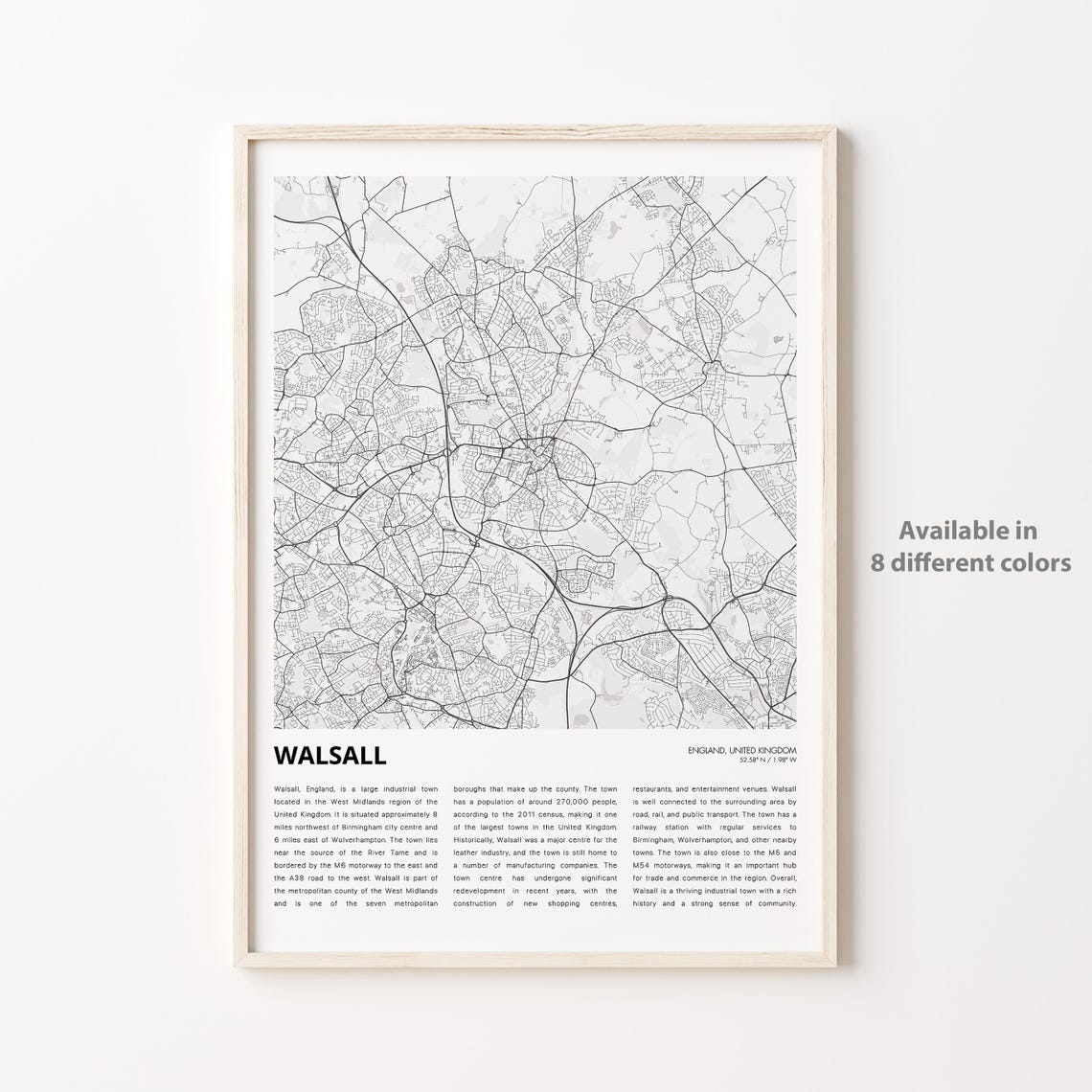 Walsall England Minimalist Black White City Roads Map Art Poster