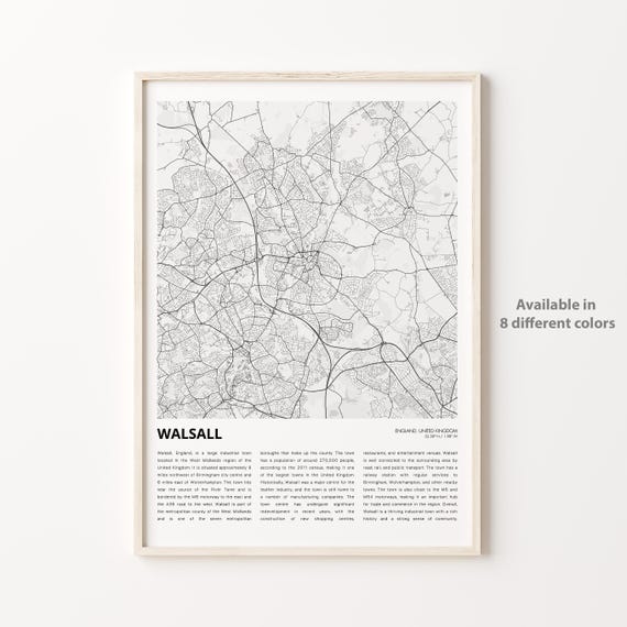 Walsall England Minimalist Black White City Roads Map Art Poster