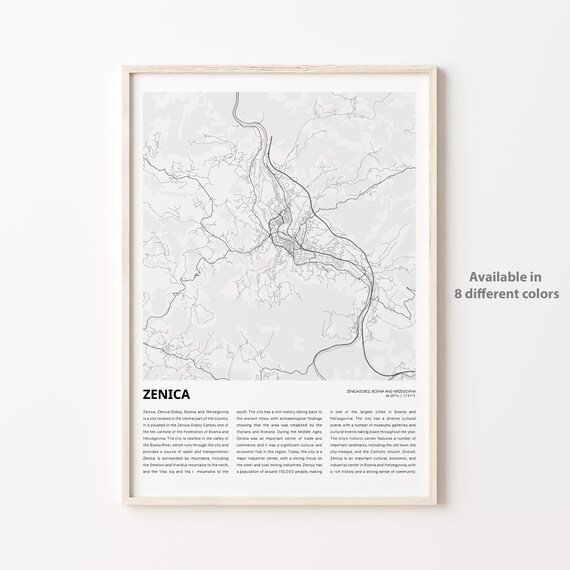 Zenica Bosnia And Herzegovina Minimalist Street Map Poster Balkan Travel Art
