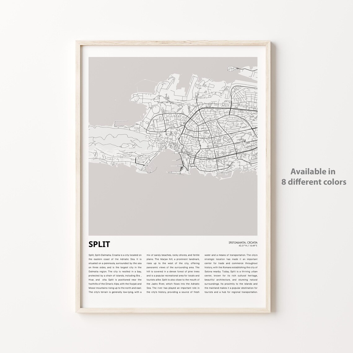 Split Croatia Minimalist Coastal City Street Map Travel Poster