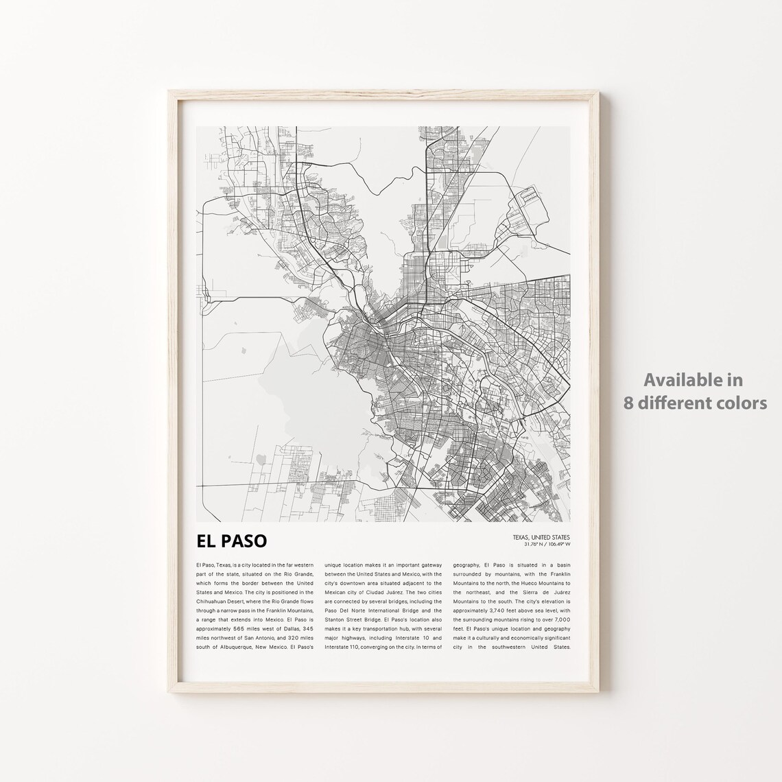 El Paso Map Print, Texas Travel Poster Decor