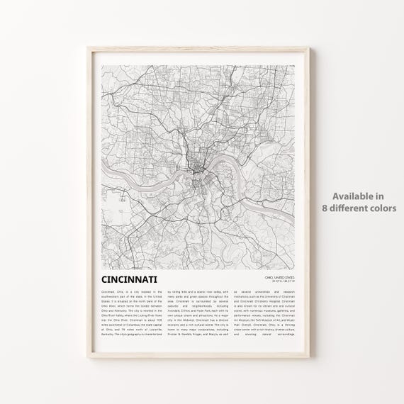 Cincinnati Map Print Travel Wall Decor Art Ohio Housewarming Gift