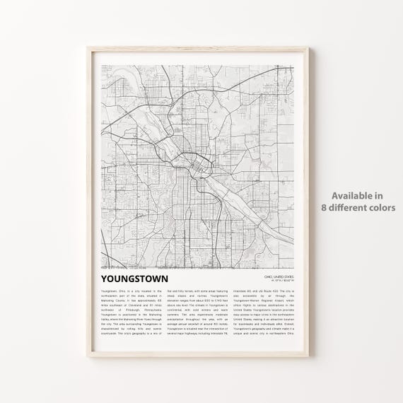 Youngstown Ohio Minimalist Black and White City Street Map Art Print