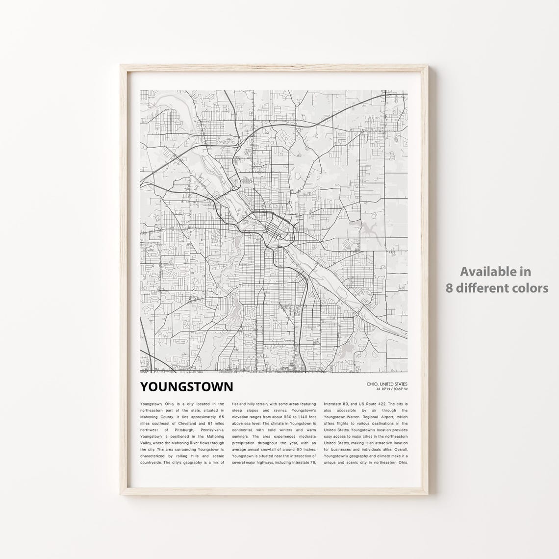 Youngstown Ohio Minimalist Black and White City Street Map Art Print
