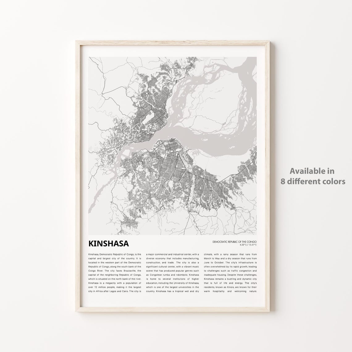 Kinshasa DR Congo Minimalist Black and White City Street Map Poster