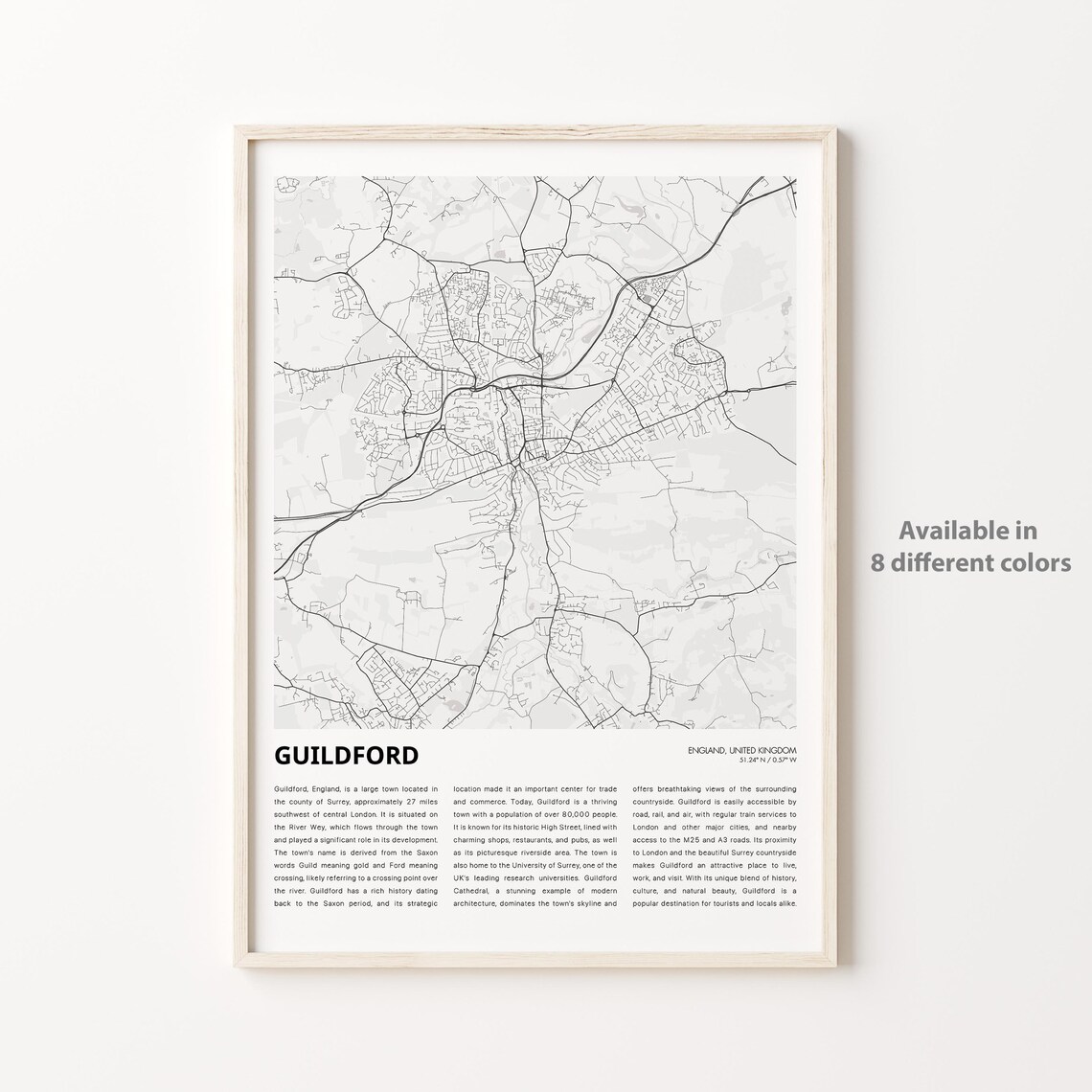 Guildford England City Map Minimalist Surrey UK Travel Poster
