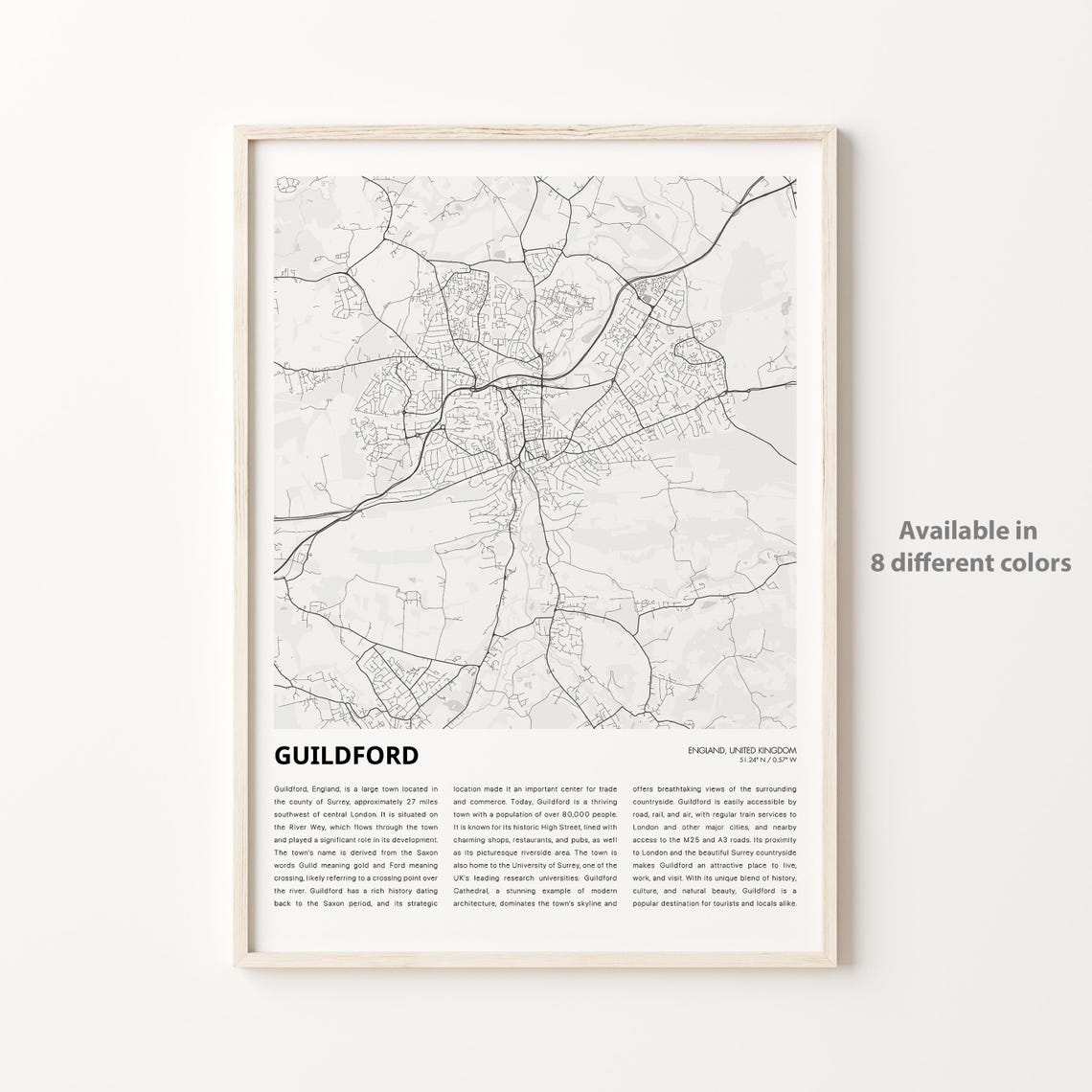 Guildford Map Print Travel Wall Decor Art England Housewarming Gift