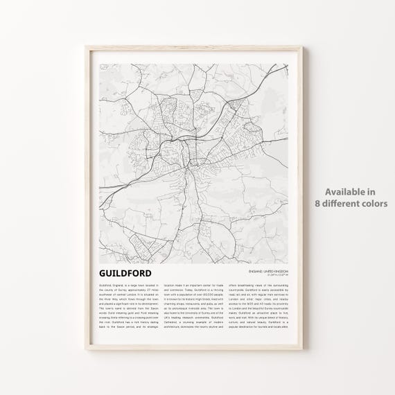 Guildford Map Print Travel Wall Decor Art England Housewarming Gift