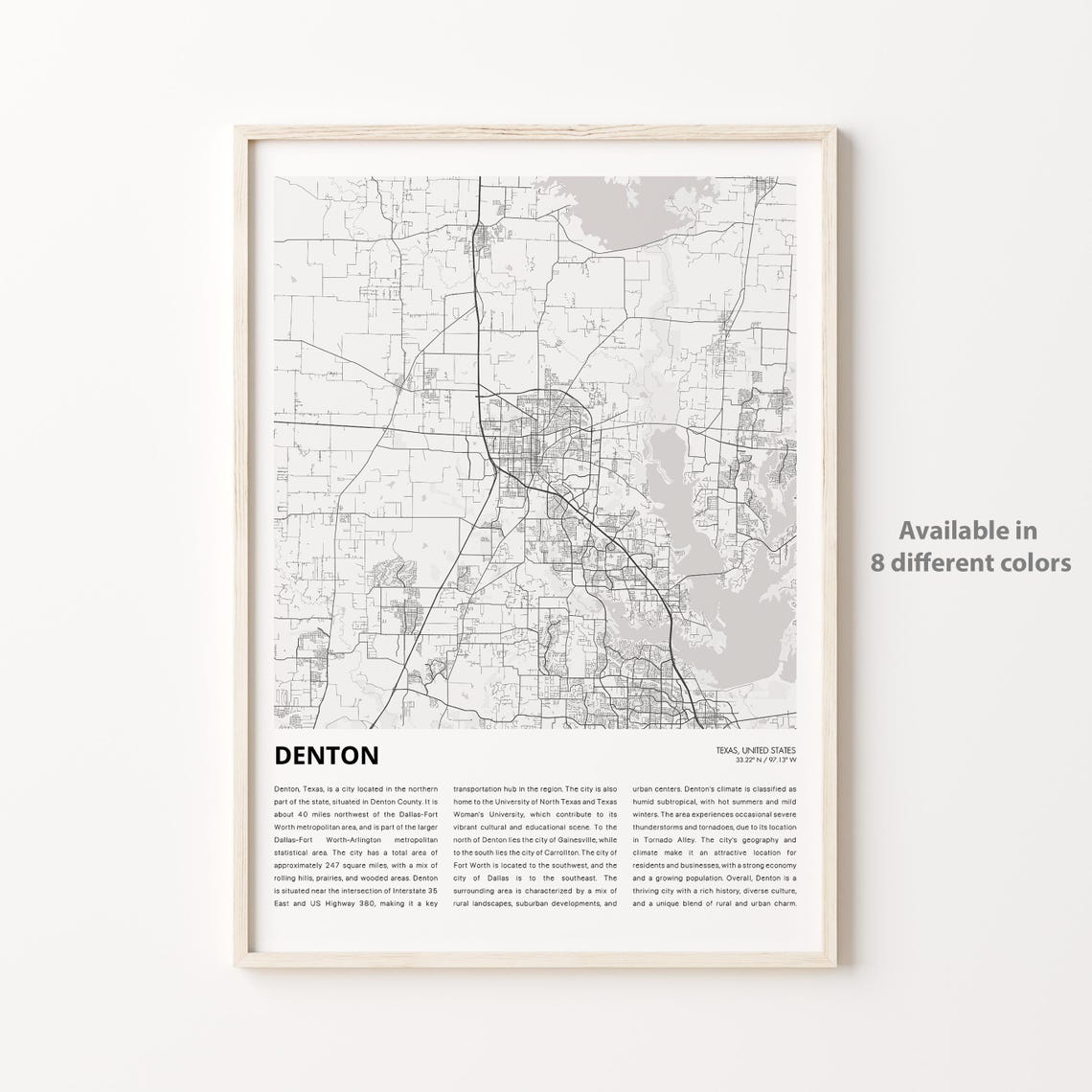 Denton Texas Black and White City Street Map Minimalist Wall Art