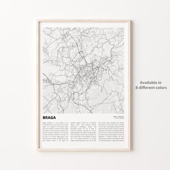 Braga Map Print Travel Wall Decor Art Housewarming Gift