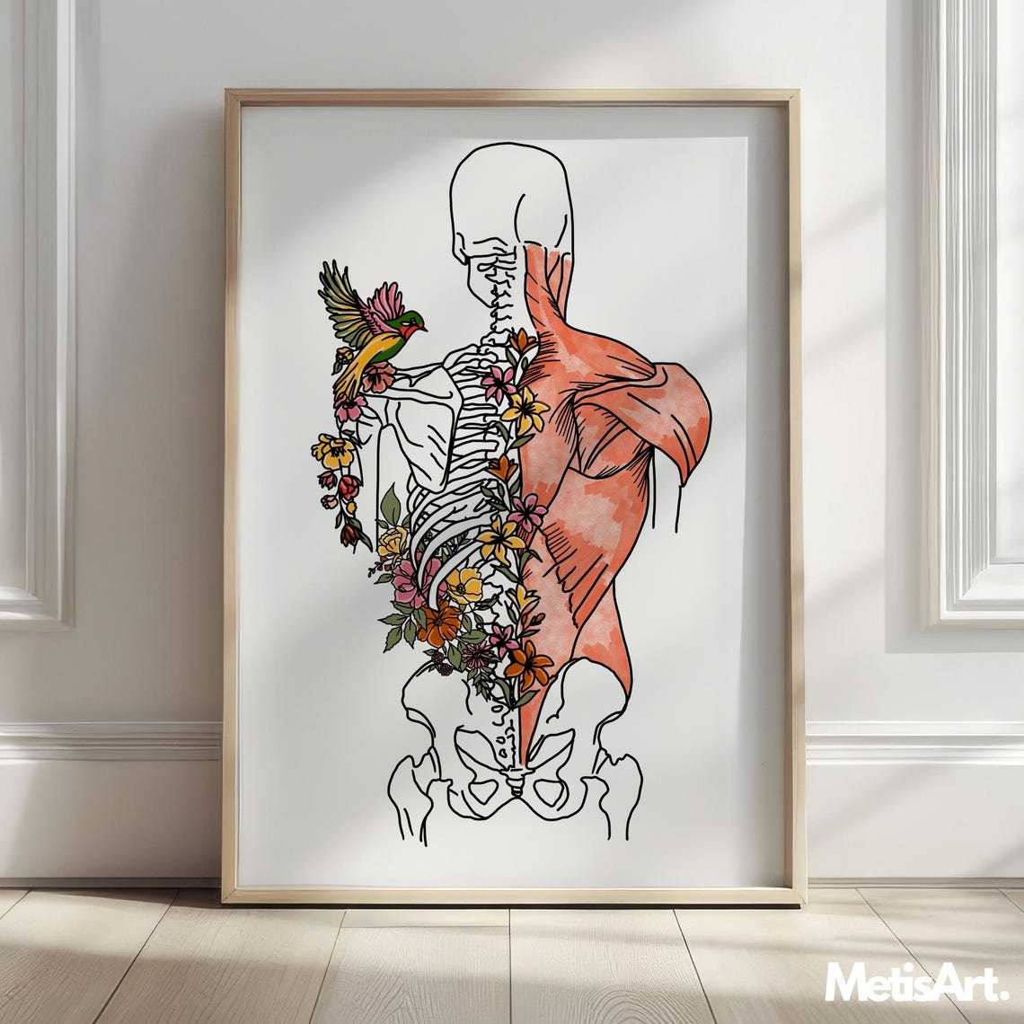 Floral Human Anatomy Back Skeleton Bird Medical Decor Poster