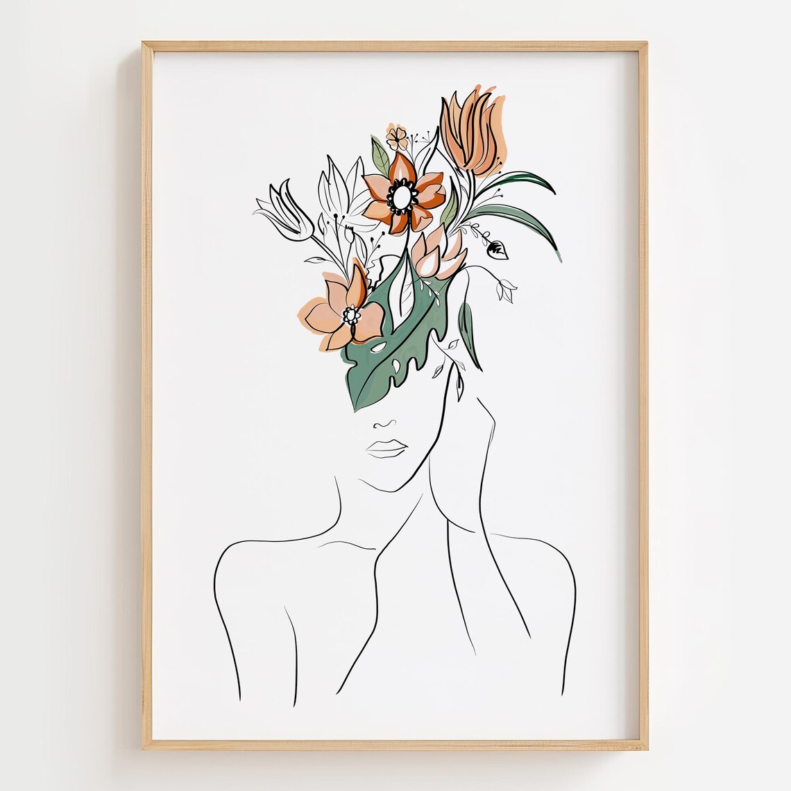 Floral Woman Line Art Autumn Bouquet Minimalist Botanical Poster
