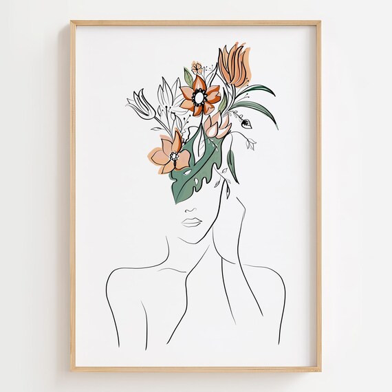 Floral Woman Line Art Print Colorful Flower Illustration