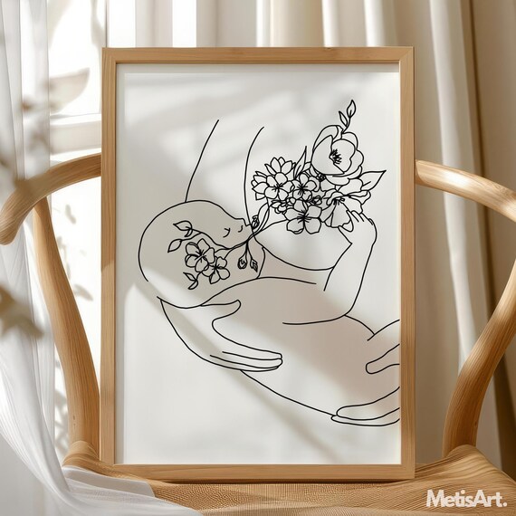 Breastfeeding Mother Floral Line Art Nursery Midwife Gift Poster