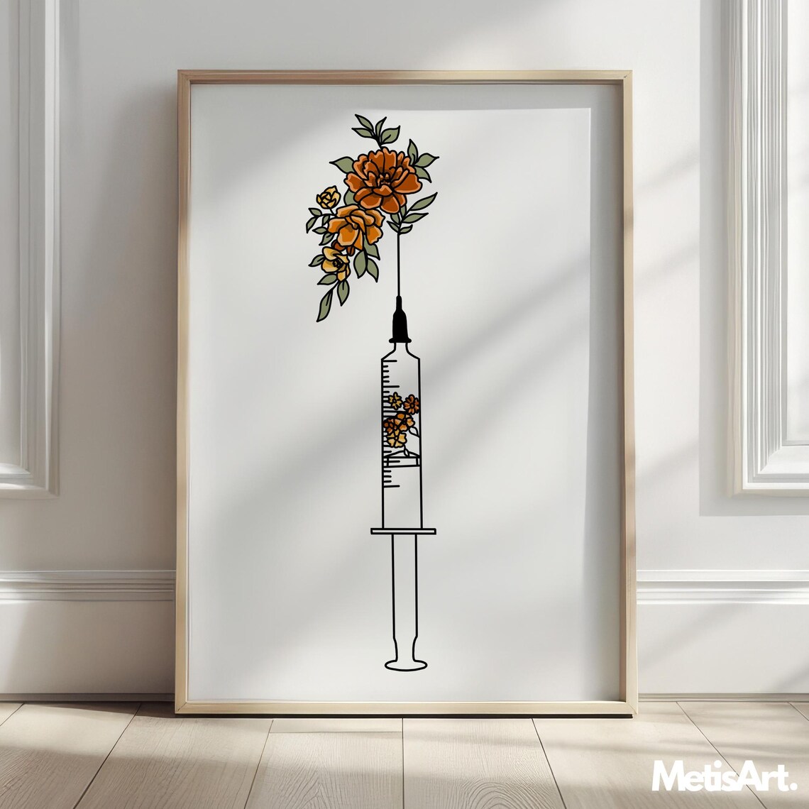 Floral Syringe Medical Line Art Orange Peony Botanical Poster