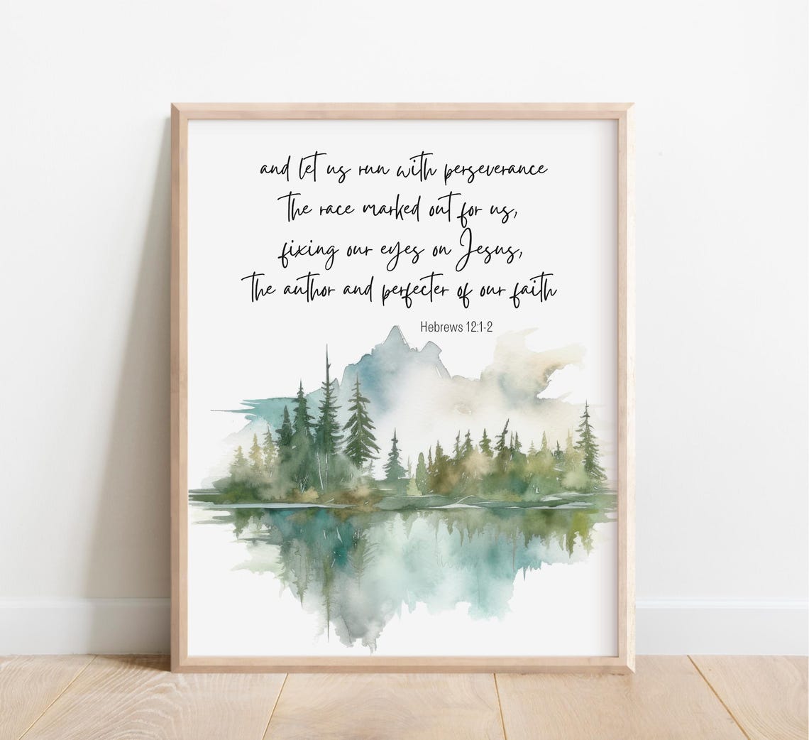 Hebrews 1212 Run With Perseverance Misty Lake Mountain Scripture Print