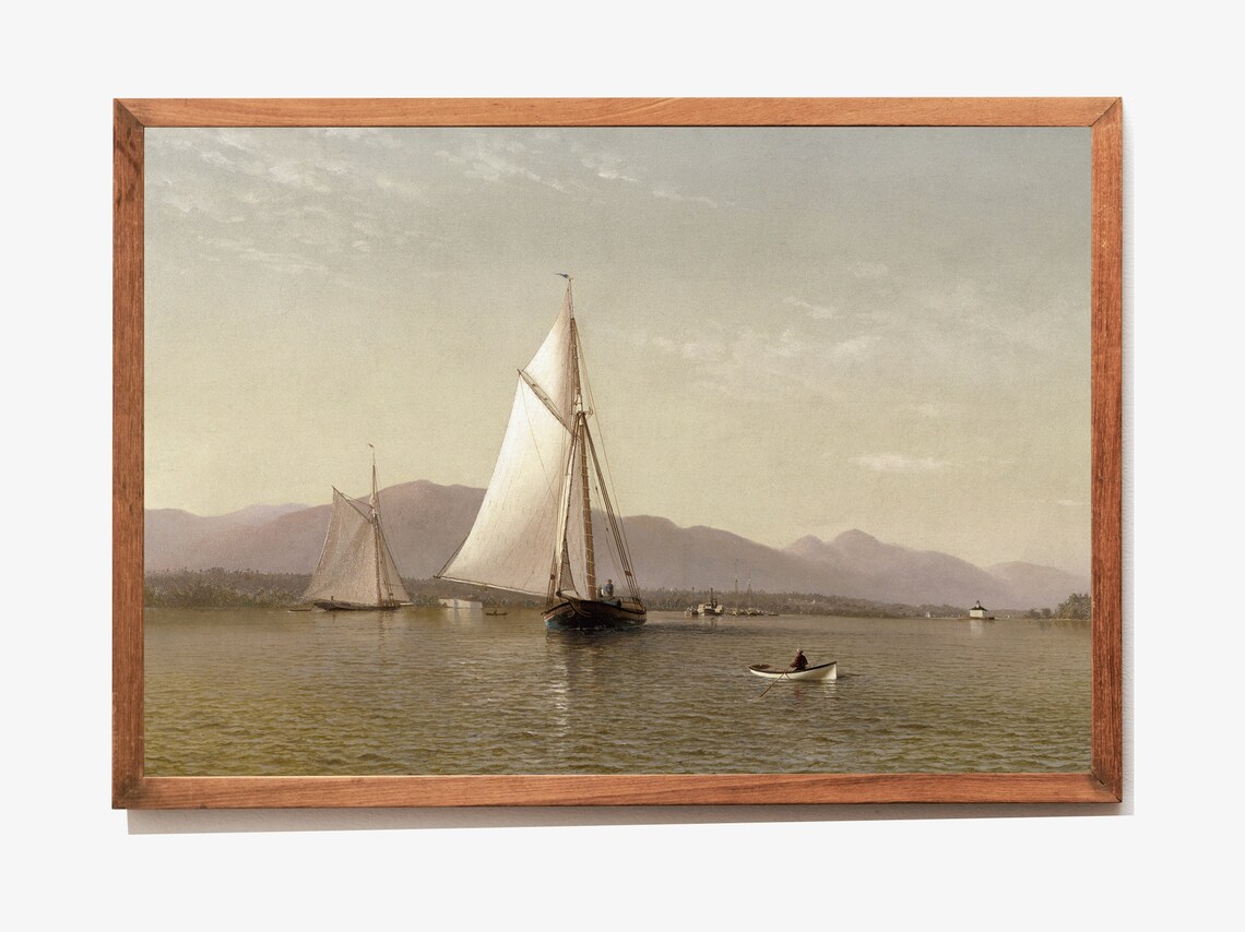 Sailboats On Calm Water With Mountain Shoreline Vintage Nautical Oil Poster - Image 3