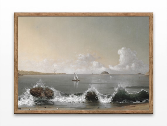 Waves Breaking On Coastal Rocks With Sailboats Marine Oil Painting Poster