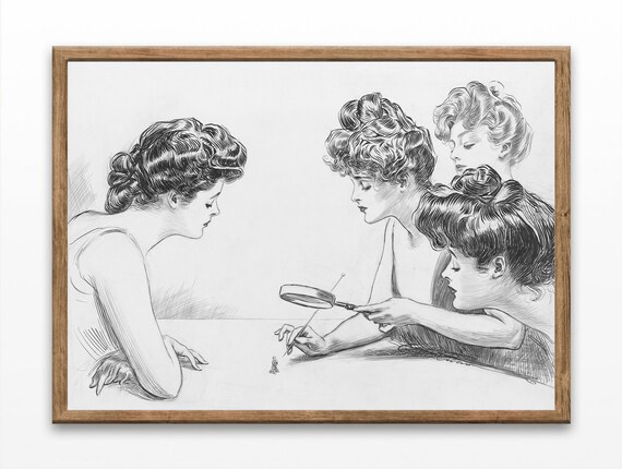 Four Women With Magnifying Glass Vintage Gibson Style Ink Sketch Art Poster