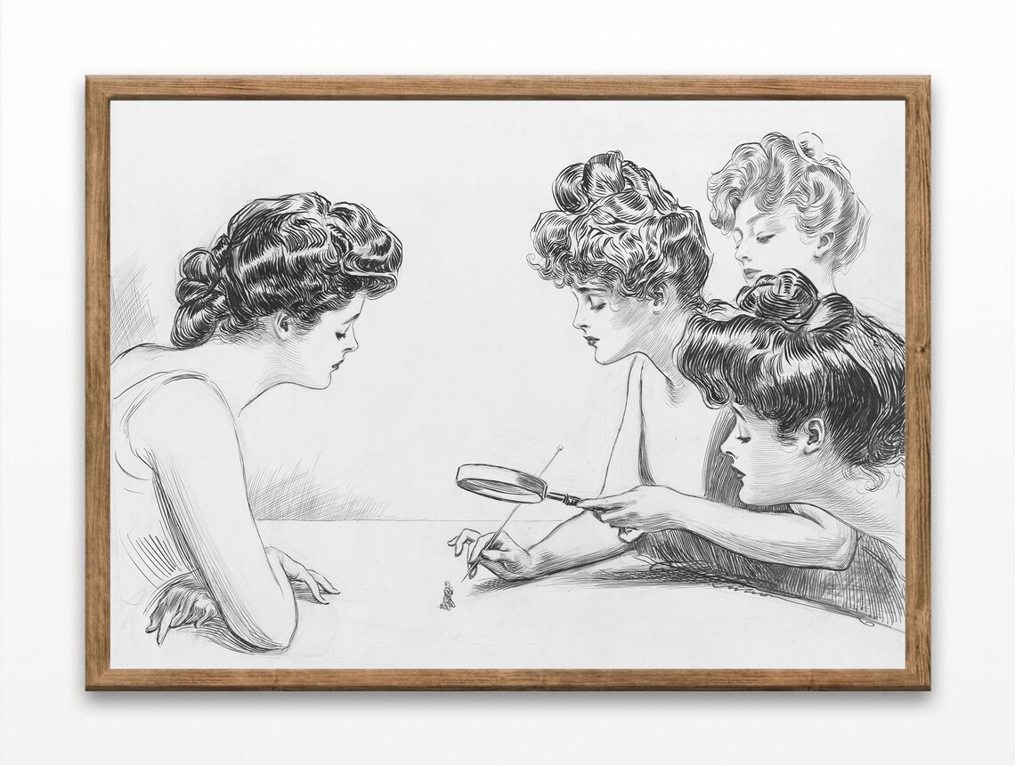 Four Women With Magnifying Glass Vintage Gibson Style Ink Sketch Art Poster