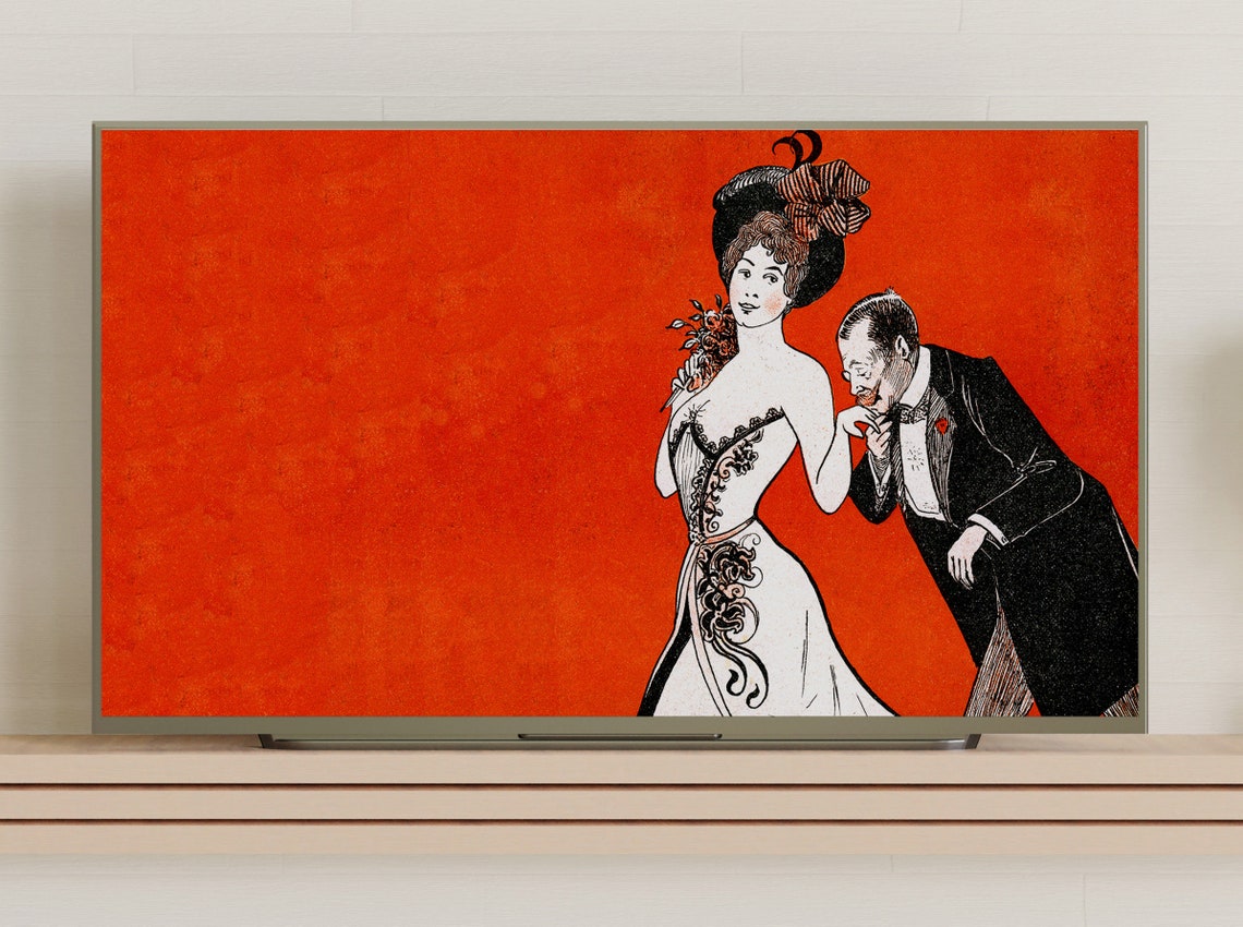 Vintage Art Nouveau Couple Illustration Bold Red Romantic Scene Poster - Image 3
