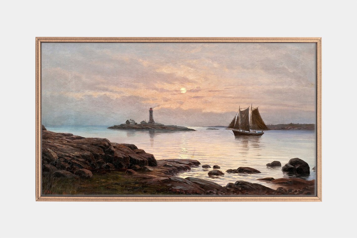 Frame Tv Art Sailing At Night Paintings Of Sailboats Paintings Of Lighthouses Vintage Seascape Art Instant