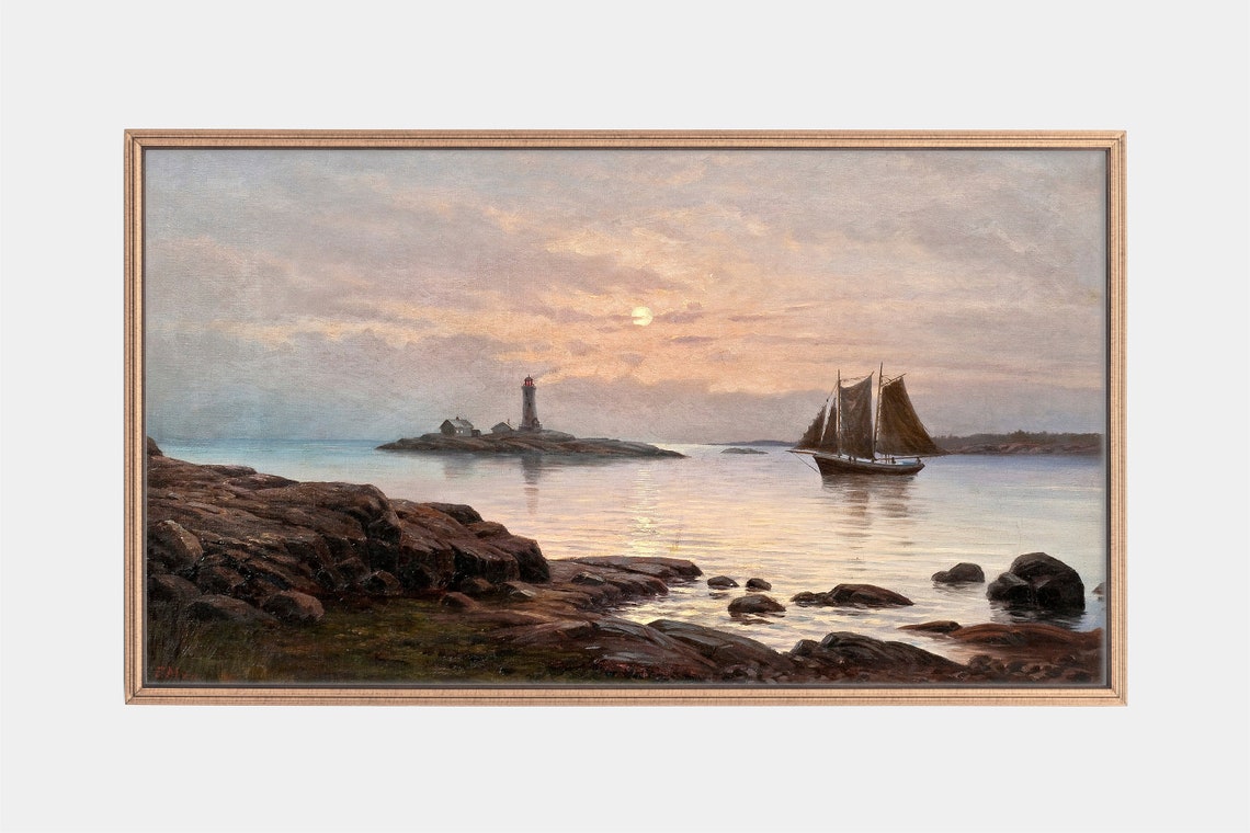 Sailboat by Rocky Coast Lighthouse at Dusk Vintage Seascape Poster