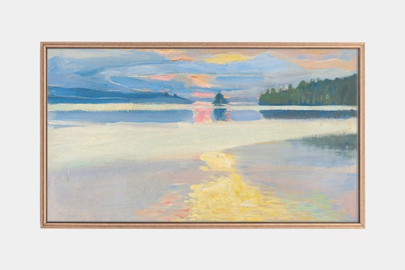 Frame Tv Art Sunset Over Lake Vintage Lake Landscape Painting Of Sunset Art For Tv Frame Instant