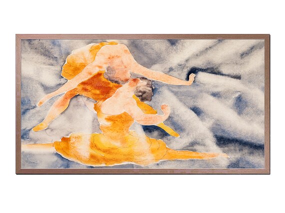 Two Women Acrobats Orange Costumes Vintage Watercolor Dance Art Poster