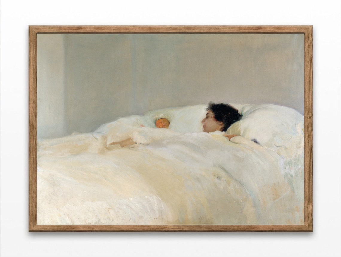 Vintage Mother and Newborn Painting Soft Nursery Bedroom Print