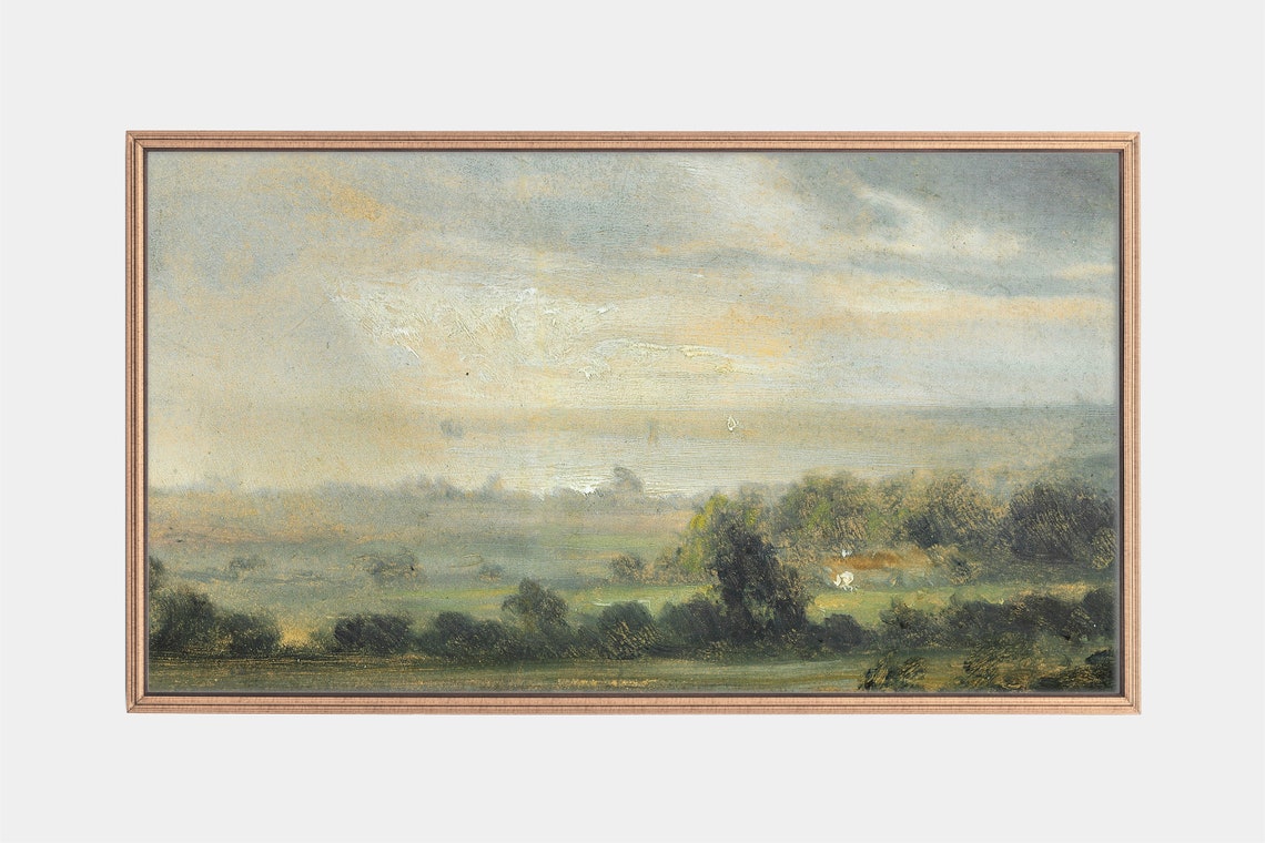 Hazy Meadow Trees Under Pale Cloudy Sky Minimalist Landscape Poster