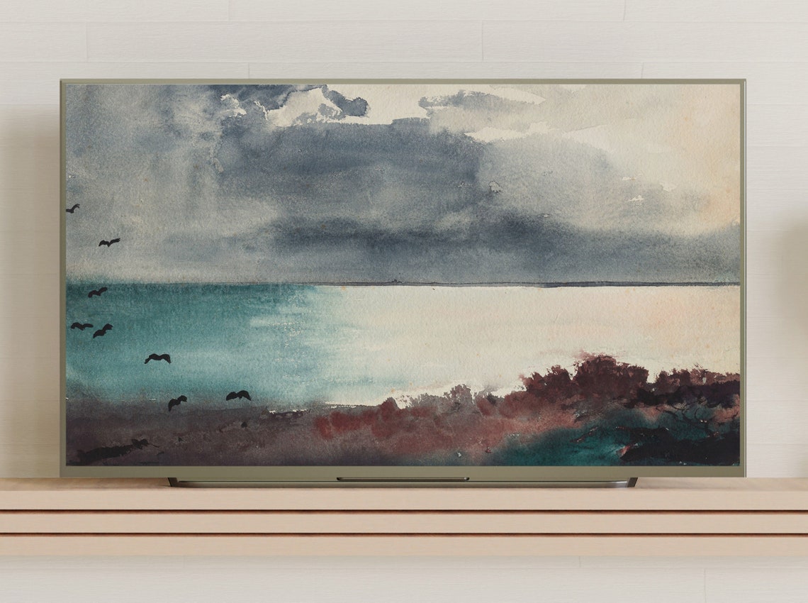 Abstract Watercolor Seascape Storm Clouds Birds Minimal Ocean Print - Image 3