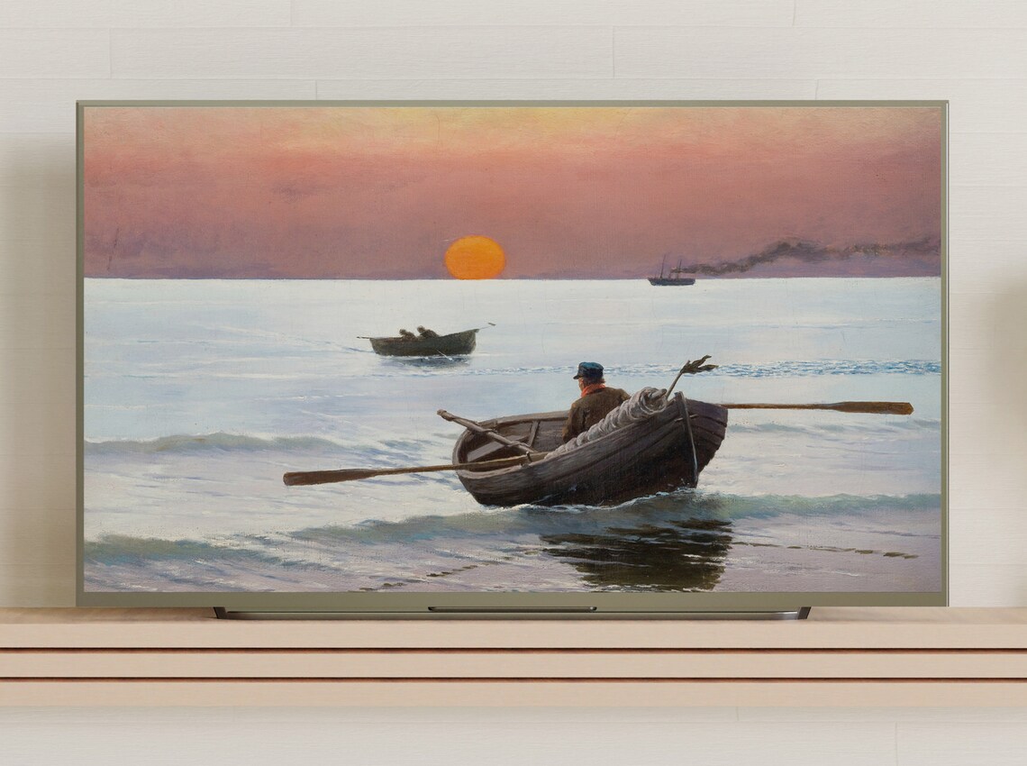 Fisherman Rowboat Sunset Orange Sun Calm Sea Vintage Nautical Art Poster - Image 3