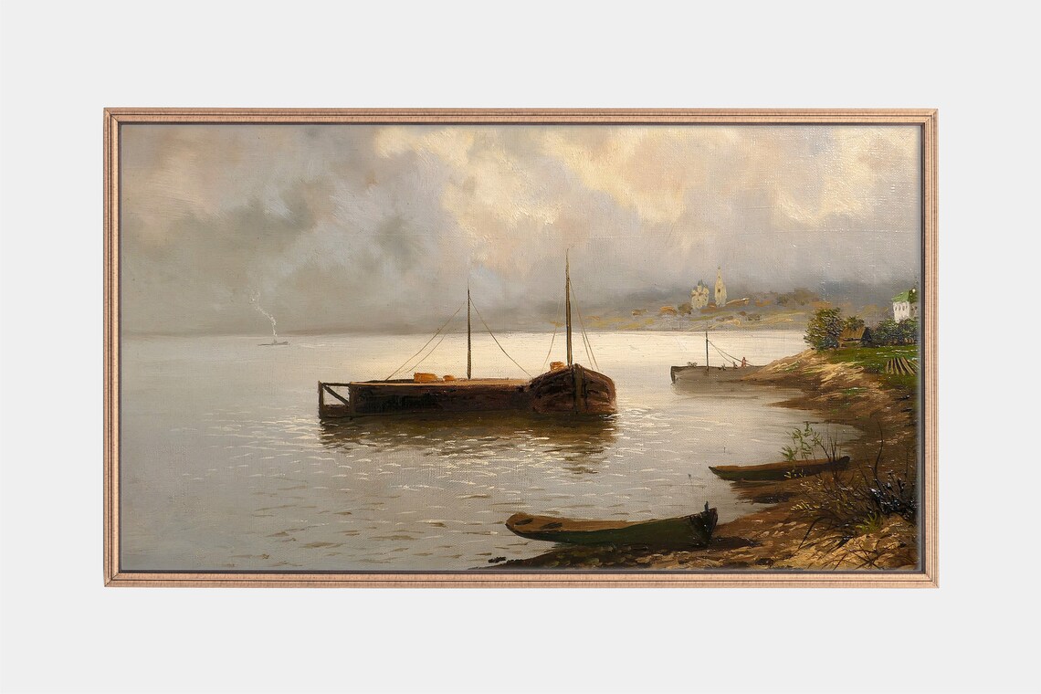 River Boats Misty Morning Wide River Vintage Landscape Painting Art Poster