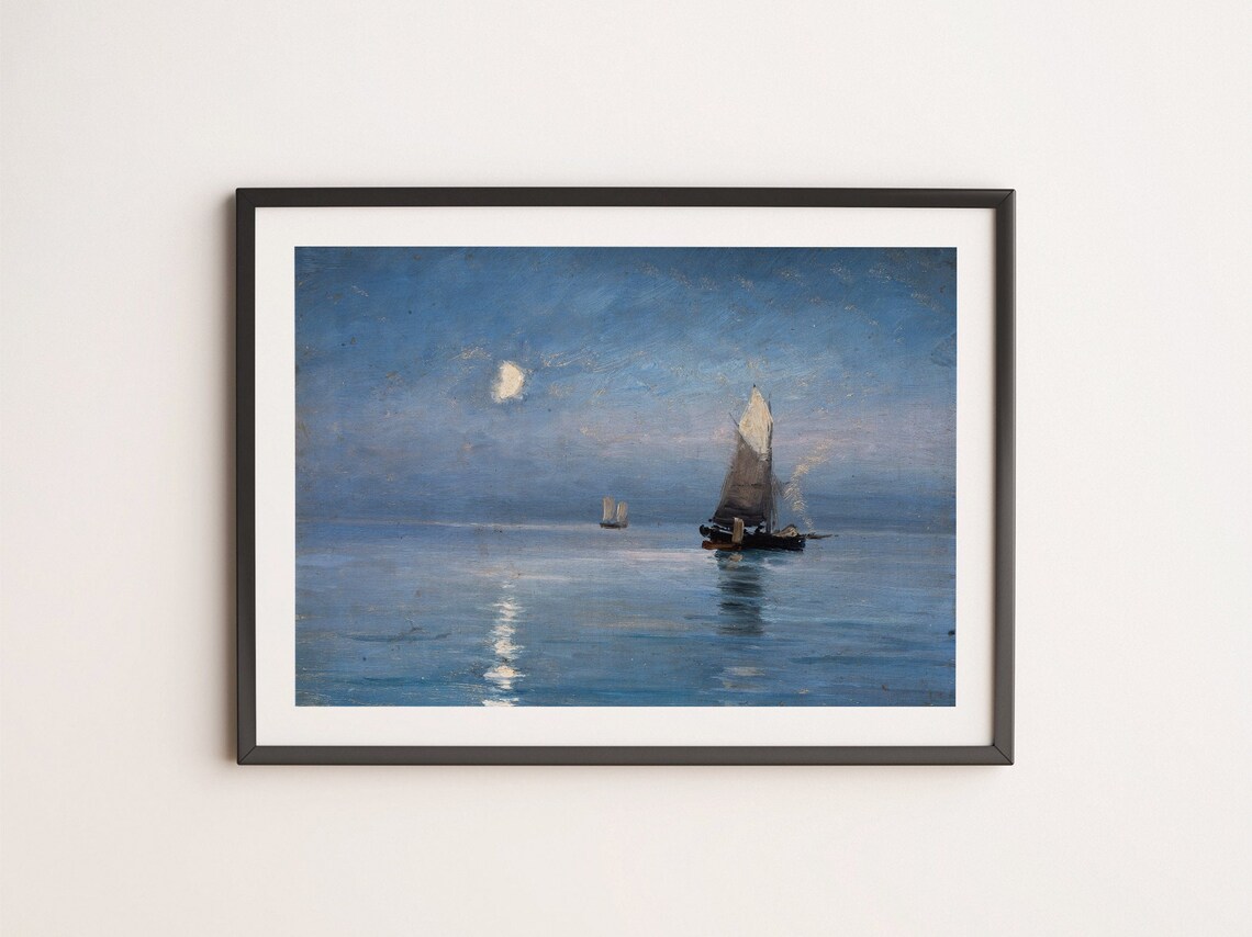 Vintage Moonlit Seascape Painting Moonlight on Ocean Sailboats Night Poster - Image 4