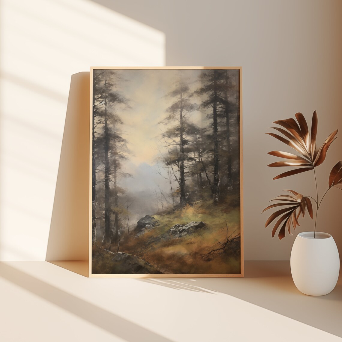 Misty Pine Forest Autumn Foggy Woodland Vintage Landscape Wall Art - Image 3