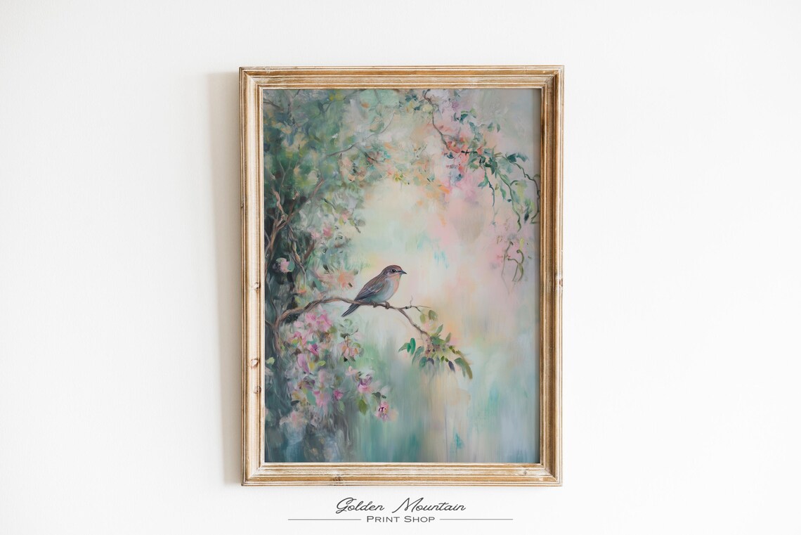 Pastel Spring Songbird Perched On Blossoming Branch Pink Blossom Poster - Image 3