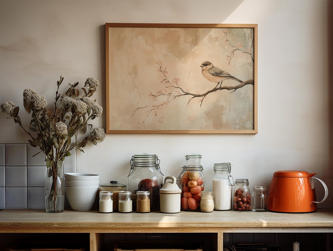 Neutral Vintage Bird On Blossom Branch Minimalist Nature Poster - Image 3