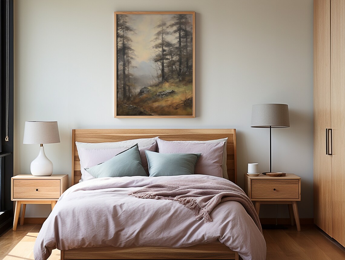 Misty Pine Forest Autumn Foggy Woodland Vintage Landscape Wall Art - Image 2
