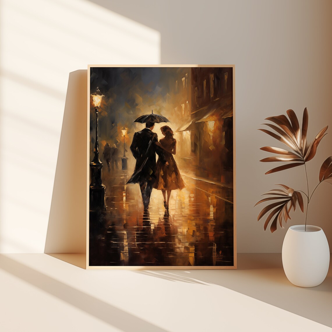 Romantic Couple Under Umbrella Rainy Night Street City Love Art Poster - Image 2