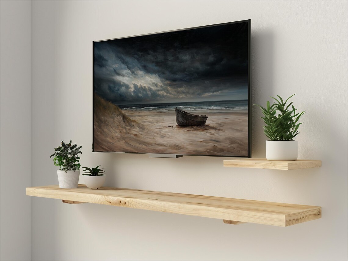 Lone Wooden Boat on Stormy Beach Dark Moody Coastal Scene Poster - Image 3