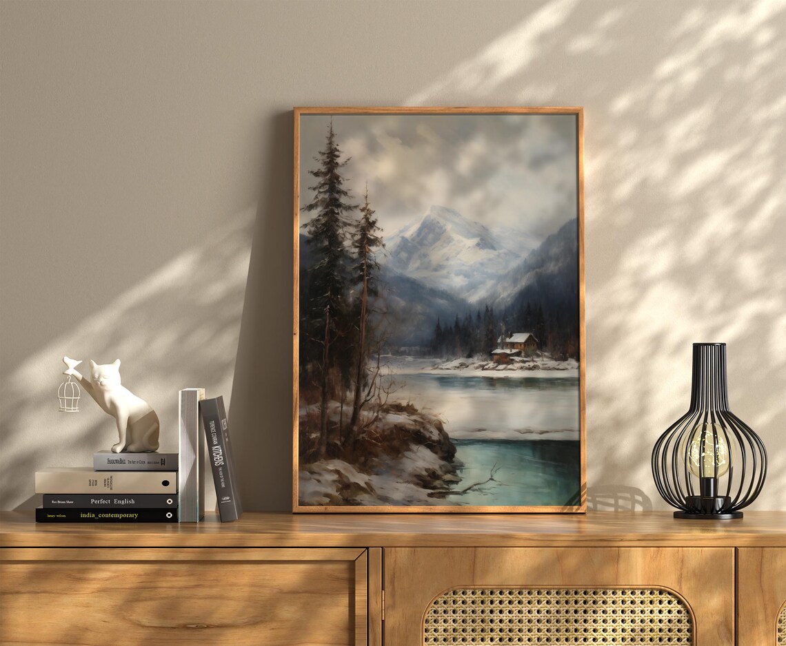Snowy Mountain Cabin On Frozen Lake With Tall Pines Winter Poster - Image 2