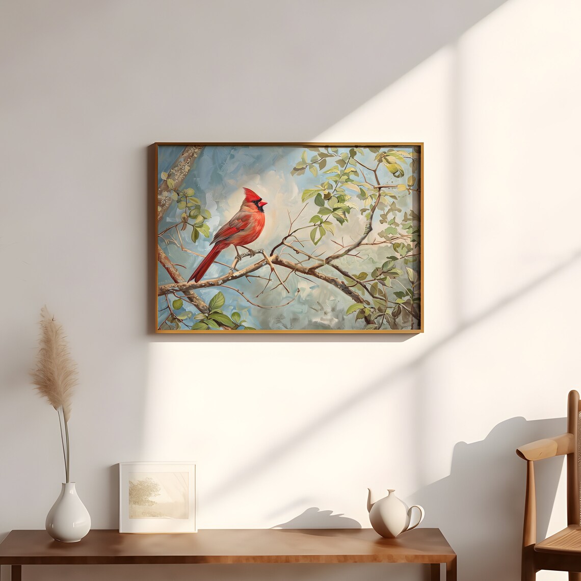 Red Cardinal Bird On Branch Against Blue Sky Spring Nature Oil Painting Poster - Image 3