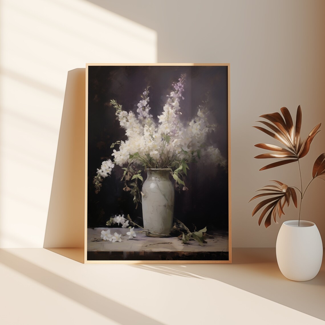 White Delphinium Flowers in Ceramic Vase Dark Moody Floral Still Life Poster - Image 3